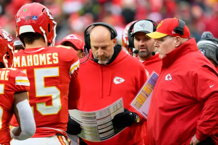 Kansas City Chiefs head coach Andy Reid (right) with offensive coordinator Matt Nagy and quarterback Patrick Mahomes during a game against the Las Vegas Raiders on Dec. 25.