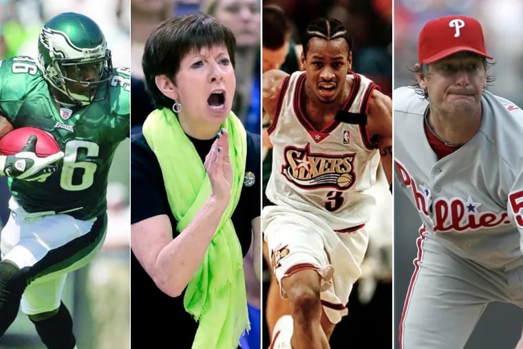 Brian Westbrook (left), Muffet McGraw, Allen Iverson and Jamie Moyer are part of the Philly Sports Hall of Fame's 2018 class.