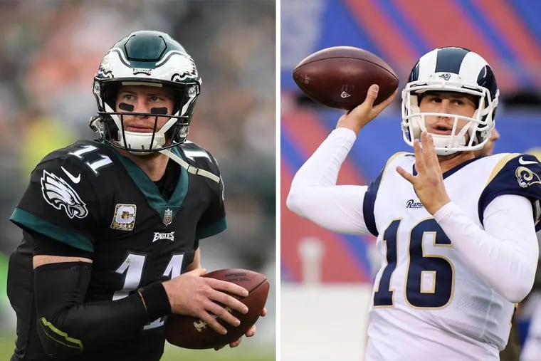 Carson Wentz (left) is 2-0 against Jared Goff and the Rams in his career.