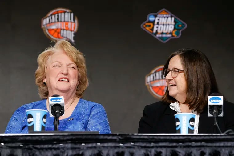 Theresa Grentz (left) and Marianne Stanley smile during the Naismith Memorial Basketball Hall of Fame Class of 2022 announcement in New Orleans on Saturday.  Grentz and Stanley were members of the Mighty Macs at Immaculata University.