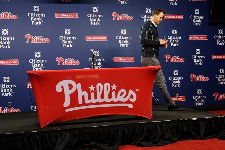 Phillies general manager Matt Klentak leaves at the end of a press conference Monday at Citizens Bank Park.