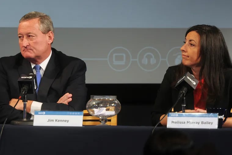 Democrat Jim Kenney (left) and his Republican opponent Melissa Murray Bailey (right) face off in front of a WHYY studio audience during the 2nd Philadelphia mayoral debate.