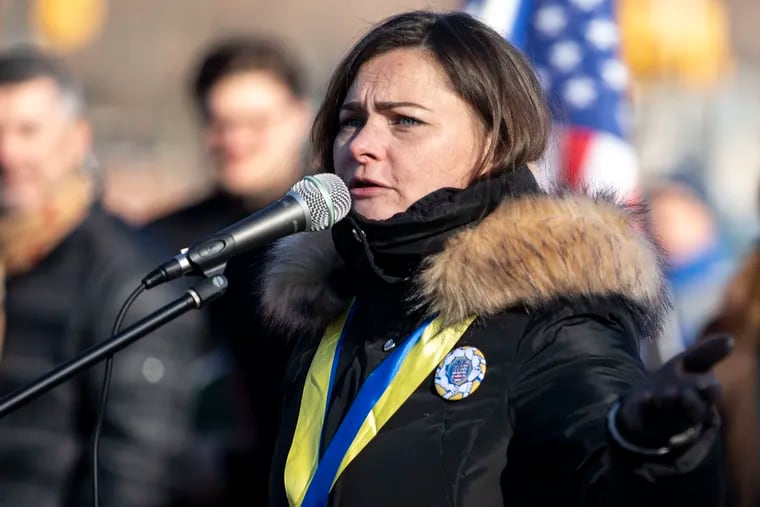 Iryna Mazur, the local Honorary Consul of Ukraine, spoke as the local Ukranian community and supporters gathered for a rally on the Art Museum steps in Philadelphia, Pa. on Sunday, January 30, 2022. The group rallied in support of the Ukraine amid what were then tensions, not fighting, over a threatened Russian invasion.
