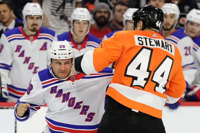 Chris Stewart was popular with teammates and respected throughout the league. Doesn't mean he didn't like to scrap, like he did here with Rangers center Michael Haley during a preseason game.
