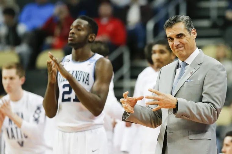 Villanova head coach Jay Wright signals to his team against Radford during the first round of the NCAA Men's Basketball Tournament on Thursday, March 15, 2018 at PPG Paints Arena in Pittsburgh.