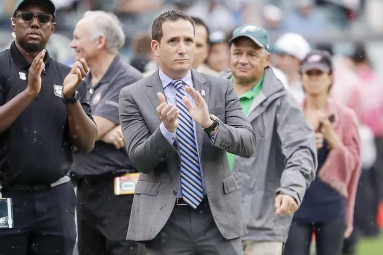 Eagles executive vice president of football operations Howie Roseman claps during team warm-ups before the Eagles played the Arizona Cardinals on Sunday, Oct. 8.