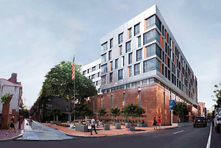 The most recent rendering of the six-story apartment project planned at the former site of the National Products building, an art deco landmark.