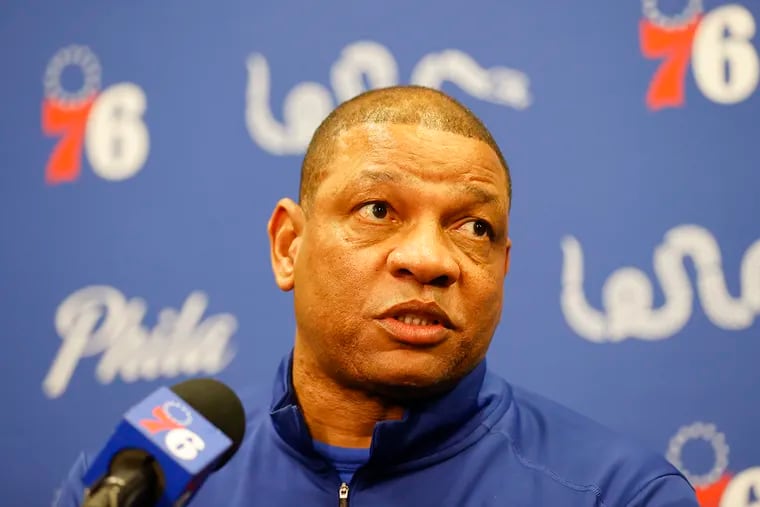 Sixers head coach Doc Rivers meets with the media before the team plays the Oklahoma City Thunder on Friday, Feb. 11, 2022. Now that James Harden is on the team, the pressure is on for the coach and the club's championship aspirations.