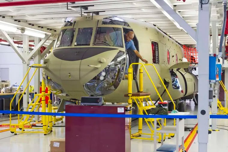 FILE photo shows a Chinook helicopter on the assembly line at Boeing's plant in Ridley Park.