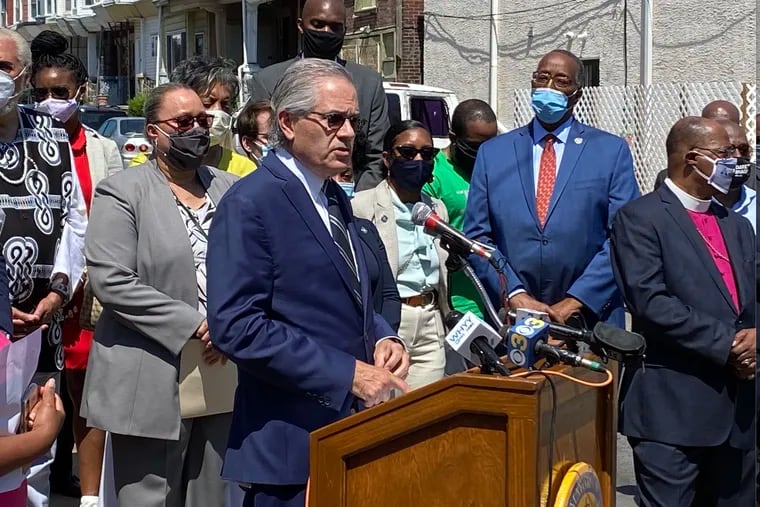 Philadelphia District Attorney Larry Krasner announced an initiative to pair police, prosecutors, and community liaisons in each of the city's six police divisions in hopes of more holistically addressing the effects of gun violence on communities at a news conference Friday in West Philadelphia.