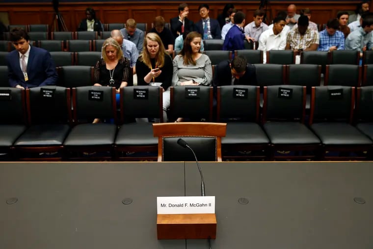 A name placard is displayed for former White House Counsel Don McGahn, who was not expected to appear before a House Judiciary Committee hearing, Tuesday, May 21, 2019, on Capitol Hill in Washington.