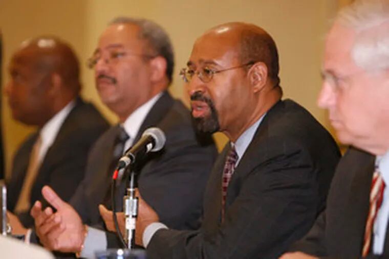 Mayoral candidates addressing a forum sponsored by the Greater Philadelphia Chamber of Commerce are, from left: State Rep. Dwight Evans, U.S. Rep. Chaka Fattah, Michael Nutter, and Republican Al Taubenberger.