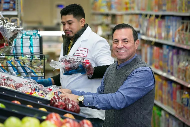 Luis Ordonez, owner of the Meatshoppers Supermarket, and Rubelcer Velasquez, shown here at the store, in Riverside New Jersey, January 19, 2017.