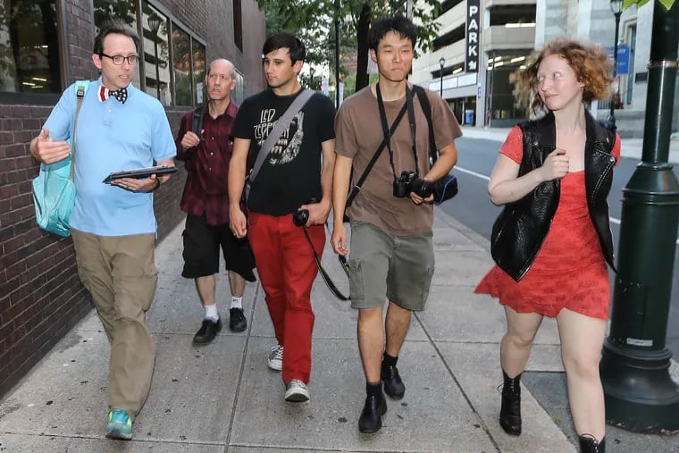 On his 'Sex and the (First) City' tour, guide David Cross shares the randy side of the nation's history with (from left) Josh Silver, Will Standish, Dake Kang, and Michaela Cross (no relation).