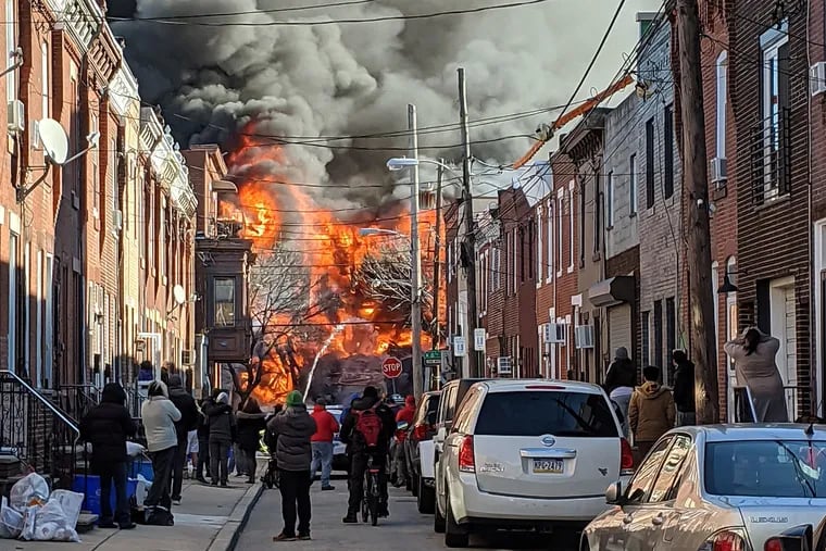 A view of the fire on 8th Street between Dickinson and Reed in Philadelphia on Thursday, Dec. 19, 2019, caused by a crack in a gas main.