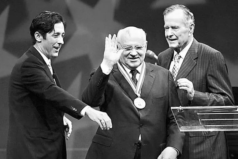 Joseph M. Torsella (left), with ex-Soviet leader Mikhail S. Gorbachev,a Liberty Medal winner, and George H.W. Bush in September.