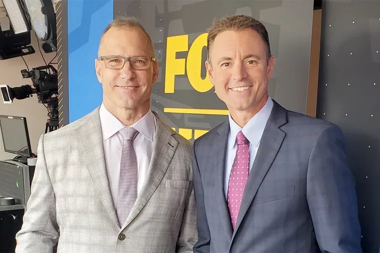 Calling Sunday's Eagles-Rams game on Fox is Chris Spielman (left) and Kevin Kugler, who was hired to replaced Thom Brennaman after he used an anti-gay slur during a broadcast last month.