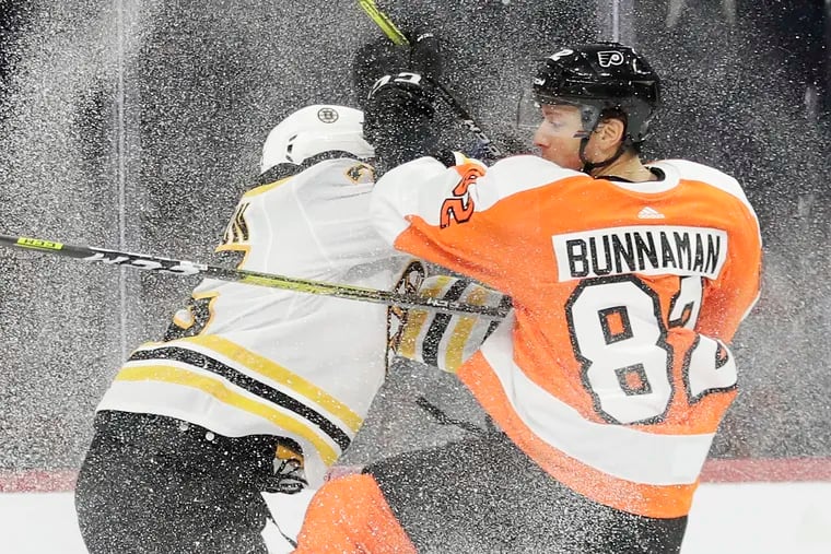Flyers rookie center Connor Bunnaman, shown in a preseason game against Boston, will play his first regular-season contest at the Wells Fargo Center on Wednesday against the Devils.