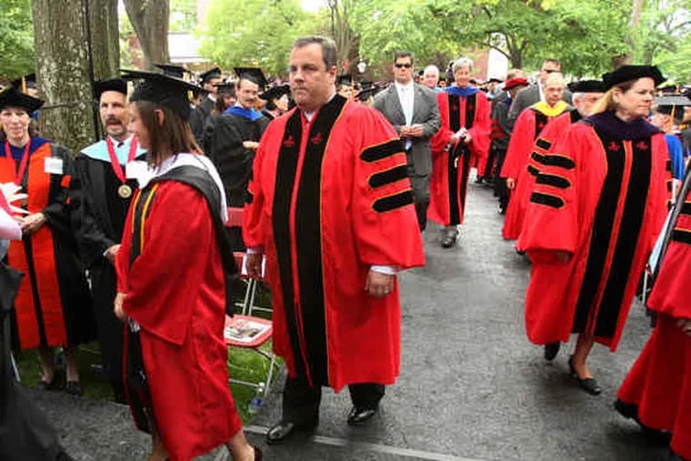 Gov. Christie and others in the procession at the Rutgers University commencement. The honorary degree for Christie continued Rutgers' tradition of recognizing new governors.