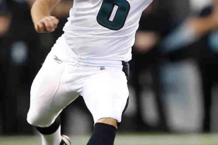 Alex Henery kicks off during first-quarter play. The rookie replaces David Akers, who spent 12 seasons with the Eagles.