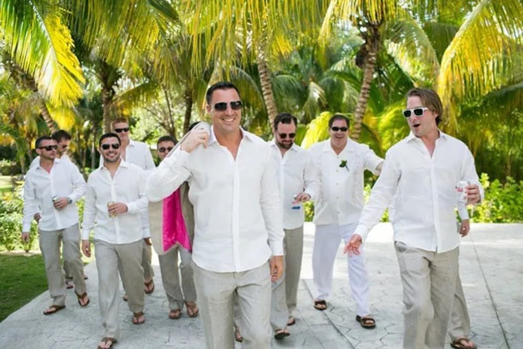 Shawn Bishop got married in Rivera Maya three years ago and opted to pay for custom outfits for his groomsmen. The $300 for light-tan custom linen pants, untucked shirts, and sandals also included individual fittings at each man’s home, spread out between New York City, Hershey, and Philadelphia.