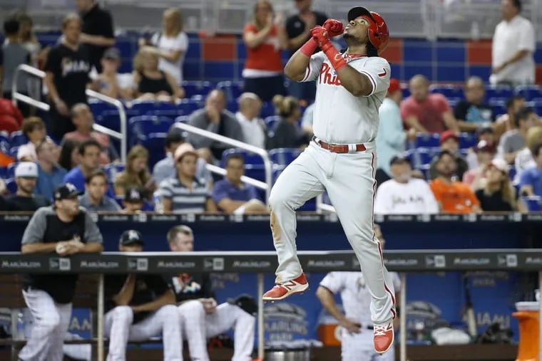 Phillies third baseman Maikel Franco leaps in the air to celebrate hitting a home run in the eighth inning of the Phillies’ 5-2 victory over the Marlins on Tuesday.