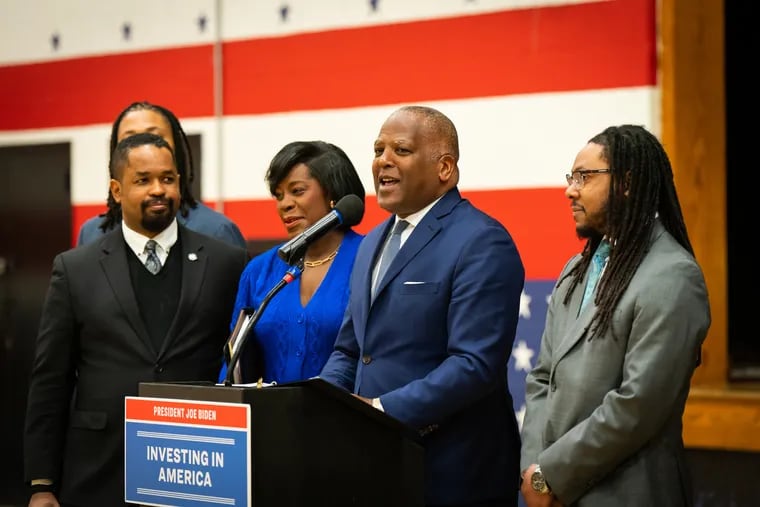White House senior adviser Stephen Benjamin speaks at a press conference to announce new federal funding to improve Internet access while at the Dr. Martin Luther King Jr. Recreation Center. Senator Sharif Street, (left) Mayor Cherelle L. Parker, and Council member Jeffery “Jay” Young Jr. listen to Benjamin's remarks.