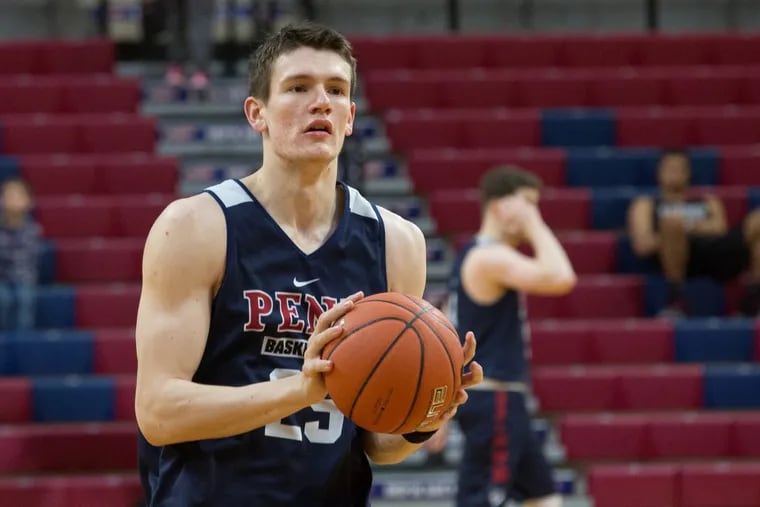 #25 AJ Brodeur during men's basketball practice at the Palestra, at the University of Pennsylvania, in Philadelphia, Friday, March 10, 2017.