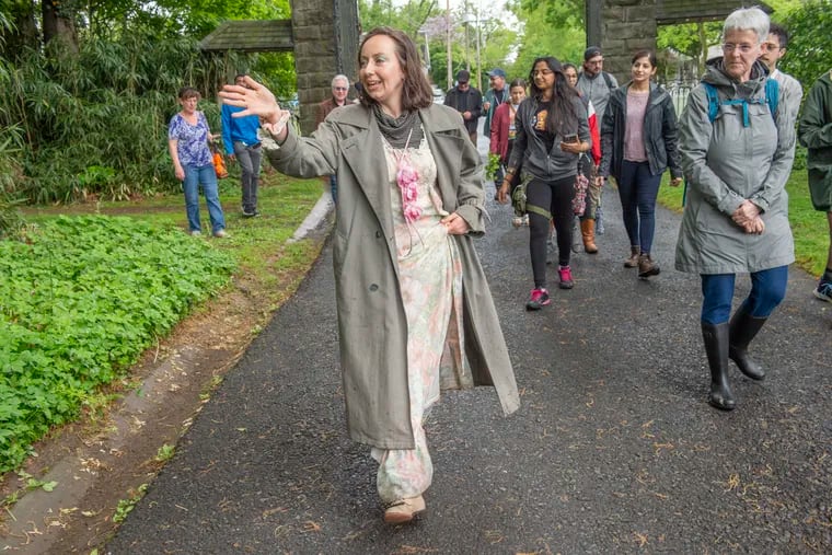 Performance artist Alexandra Tatarsky, in character as the "Apocalypse Housewife," leads visitors on a foraging expedition for invasive (but delicious) plants growing on the grounds of Glen Foerd, a 19th century estate on the Delaware River in Northeast Philadelphia.