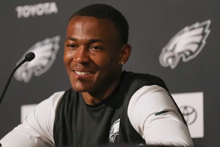 Eagles wide receiver DeVonta Smith speaks during media availability at the NovaCare Complex in South Philadelphia on Wednesday, May 24, 2023.
