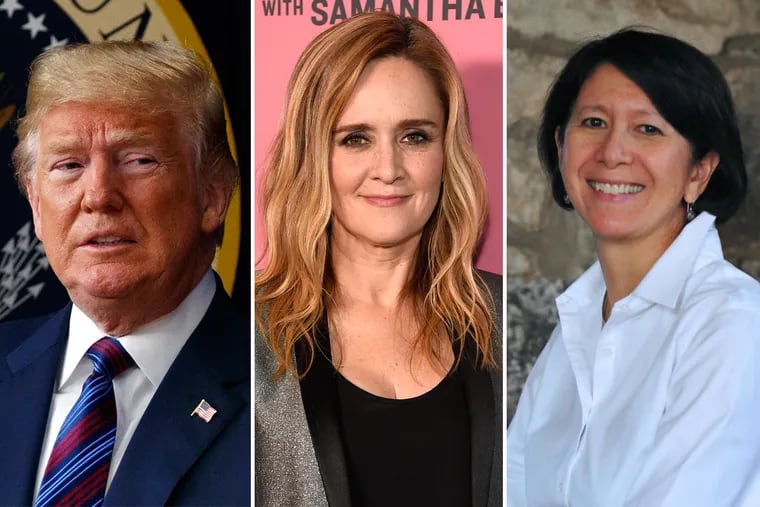 President Trump wants TBS to fire "Full Frontal" host Samantha Bee (center) for using the same vulgar remark former Inquirer reporter Jennifer Lin (right) claims he used to describe her. 