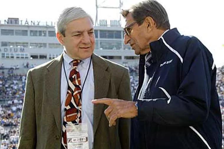 Former Penn State president Graham Spanier and Joe Paterno, pictured at Beaver Stadium in October. (AP Photo / Gene Puskar)