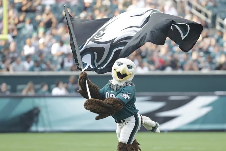 Eagles mascot Swoop runs on the field before the start of open public practice at Lincoln Financial Field in South Philadelphia on Sunday, Aug. 5, 2018.
