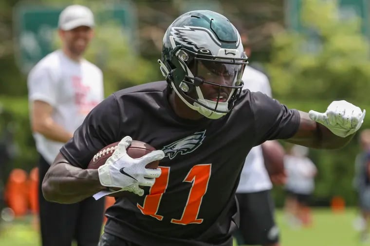 Eagles wide receiver A.J. Brown (11) runs drills during OTAs as the NovaCare Complex in South Philadelphia on Friday, June 3, 2022.
