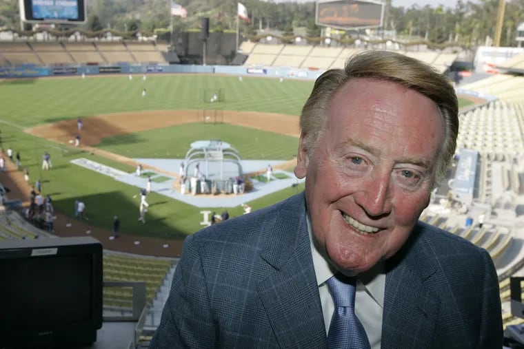 Vin Scully in the booth before a 2007 Los Angeles Dodgers game.