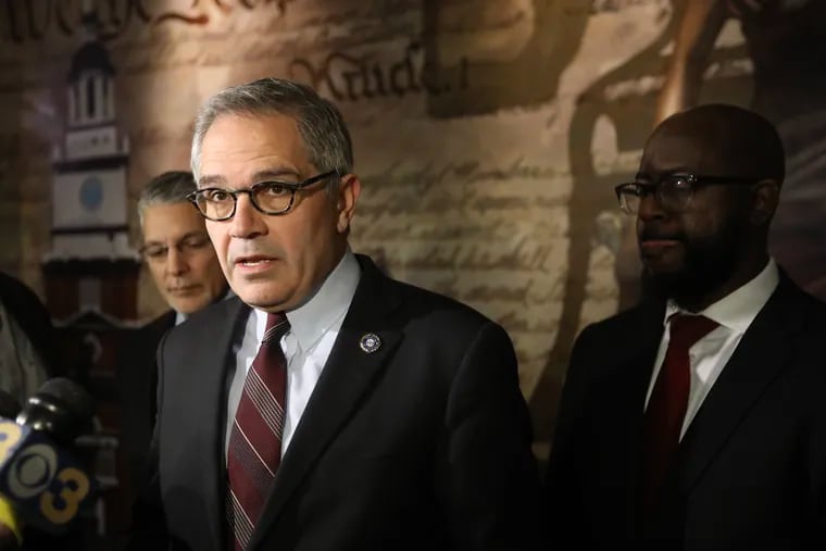 Philadelphia district attorney Larry Krasner announces charges against two men involved in the shooting of police officer Paul Sulock, November 9, 2018.