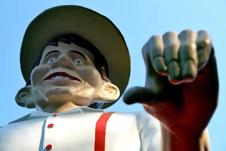 May 31, 2021: Mr. Bill, the 25-foot-tall fiberglass giant on Route 73 in Winslow has been greeting travelers and ice cream lovers for decades.