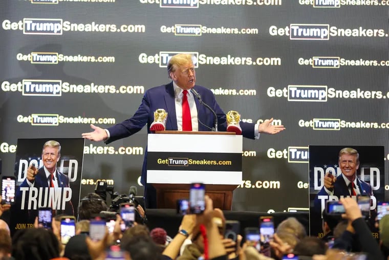 Republican presidential candidate former President Donald Trump speaks at Sneaker Con at the Philadelphia Convention Center in Philadelphia on Saturday.