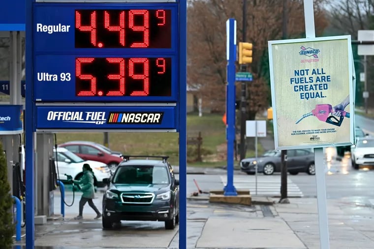 A gas station on Henry Avenue in Roxborough offers its product for $4.49 for self-serve regular unleaded and $5.39 for ultra premium, March 7, 2022.