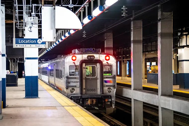 NJ Transit train shown at 30th Street Station in Philadelphia in 2019.