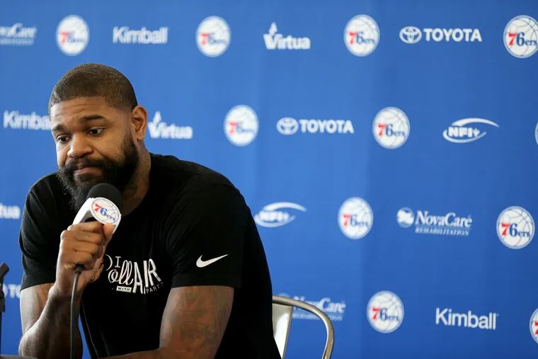 Sixers' Amir Johnson pauses as he answers a reporters question at the Sixers practice facility in Camden, NJ on May 10, 2018.