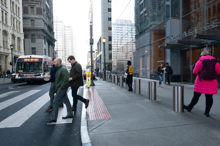Comcast and Brandywine Realty Trust created a mid-block crosswalk on Arch Street, between 17th and 18th Street in Philadelphia to make it safer for pedestrians to cross.