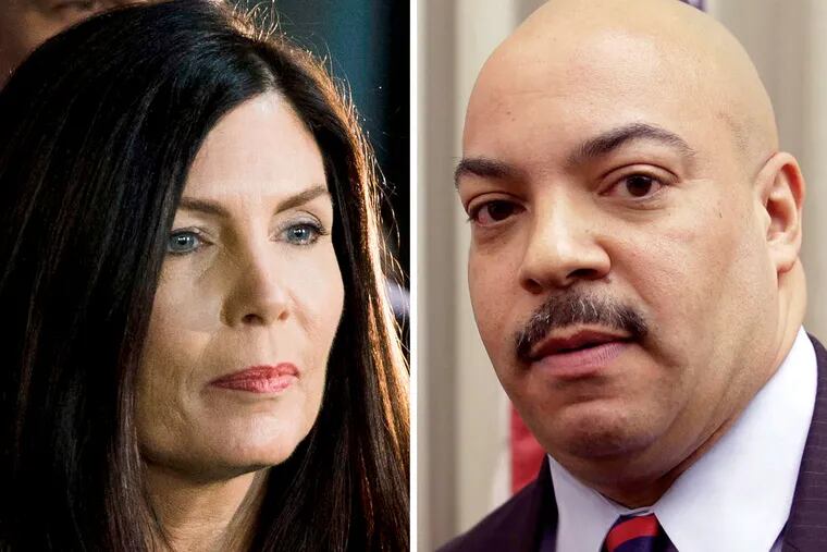 Philadelphia District Attorney Seth Williams (right) has asked a judge to order Attorney General Kathleen Kane to testify about her decision to shut down a sting investigation