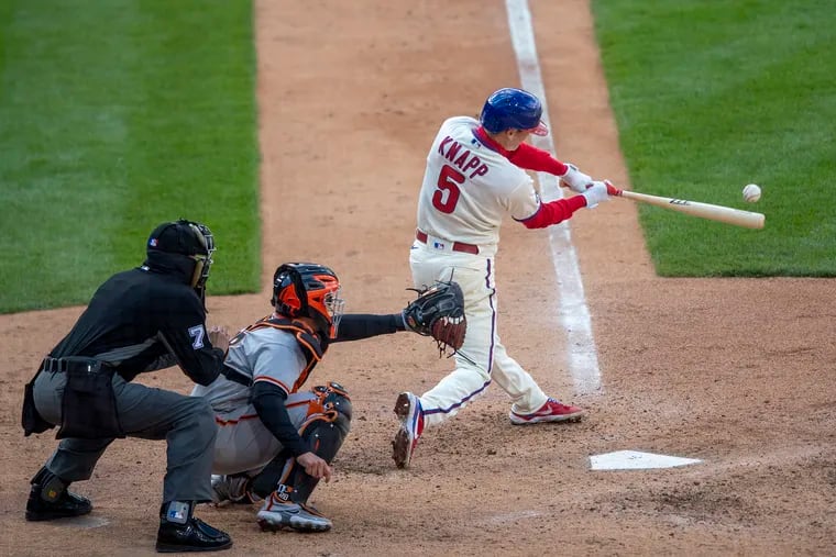 Andrew Knapp lines the game-winning hit in the Phillies' 6-5 victory over the San Francisco Giants Wednesday at Citizens Bank Park.