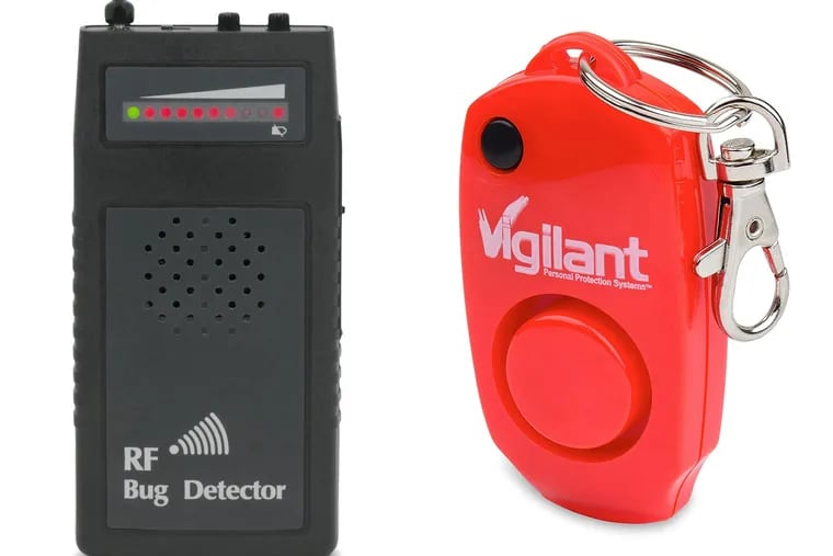 The T-9 Specialty Bug Detector (left) scans for devices with frequencies between 50 MHz and 6 GHz.  Vigilant offers a variety of 130db personal alarms