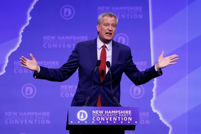 Democratic presidential candidate New York Mayor Bill de Blasio speaks during the New Hampshire state Democratic Party convention, Saturday, Sept. 7, 2019, in Manchester, NH.
