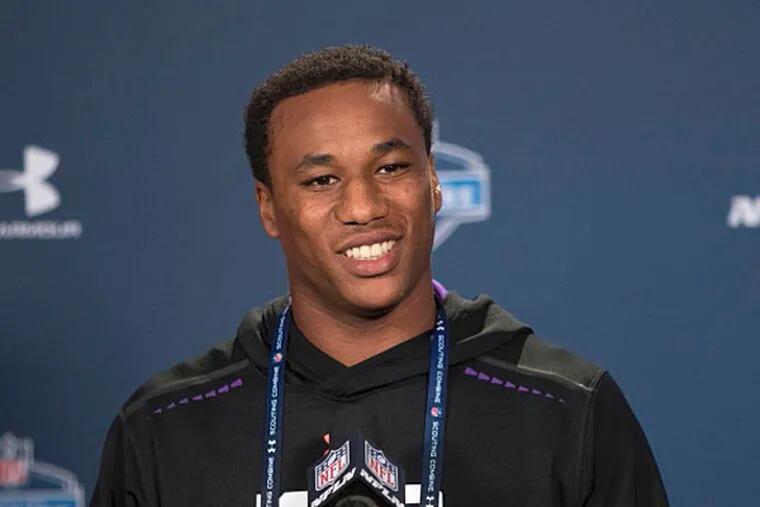 Washington defensive back Marcus Peters speaks to the media at the 2015 NFL Combine at Lucas Oil Stadium. (Trevor Ruszkowski/USA TODAY Sports)