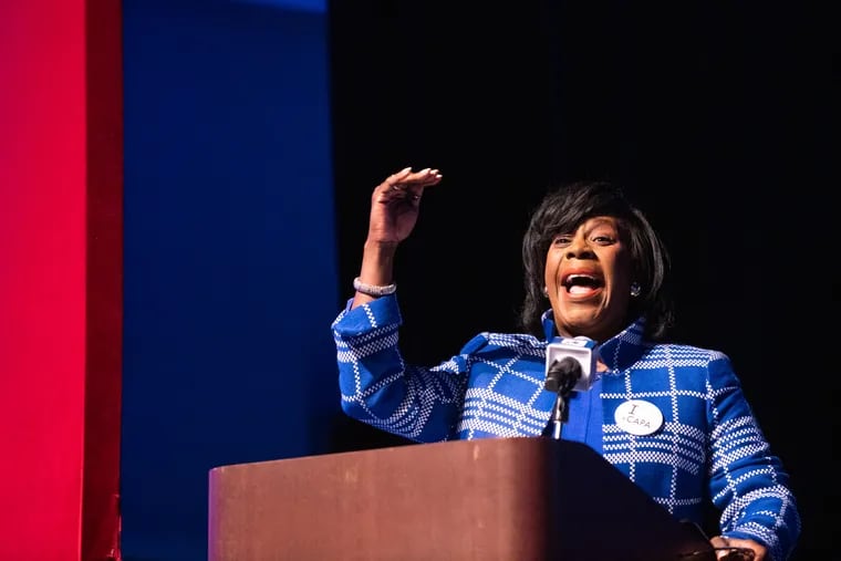 Mayor Cherelle L. Parker addresses the crowd at the inaugural State of the Schools address at Philadelphia High School for Creative and Performing Arts on Tuesday.