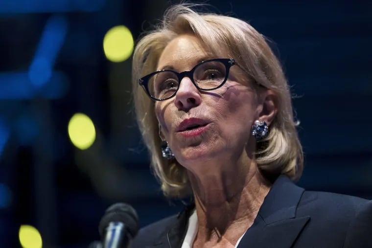 In this Sept. 17, 2018 photo, Education Secretary Betsy DeVos speaks during a student town hall at National Constitution Center in Philadelphia. DeVos is proposing a major overhaul to the way colleges handle complaints of sexual misconduct.
