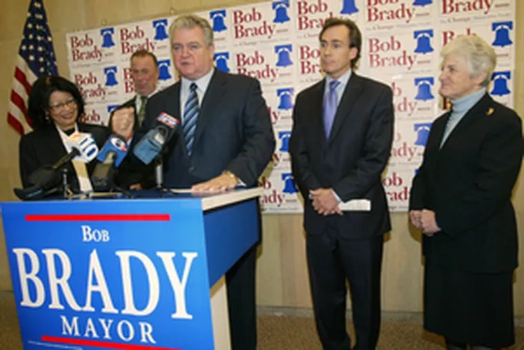 Mayoral hopeful Bob Brady announces his parole-system plan yesterday, flanked by supporters (from left) state Rep. Louise Bishop; AFSCME leader Bob Zimmerman, state Sen. Mike Stack and District Attorney Lynne Abraham.